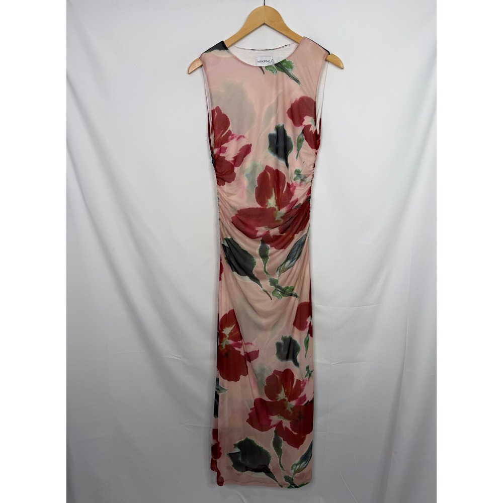 Minkpink Abella Mesh Midi Dress Red Floral Ruched Bodycon Size M NWT - Picture 8 of 8